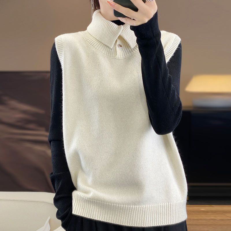 Nuevo chaleco de cuello alto de otoño y invierno chaleco de punto de moda de color sólido con hombros suéteres sueltos sin mangas
