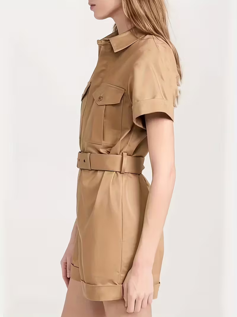 Stylish Women's Belted Jumpsuit With Pockets And Collared Shorts_voghion.com