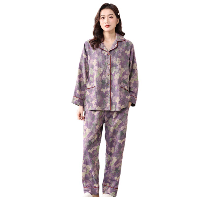 Nueva primavera y otoño de algodón de las mujeres pijamas de algodón de doble capa de hilo Jacquard de manga larga más tamaño traje de desgaste para el hogar se puede usar fuera