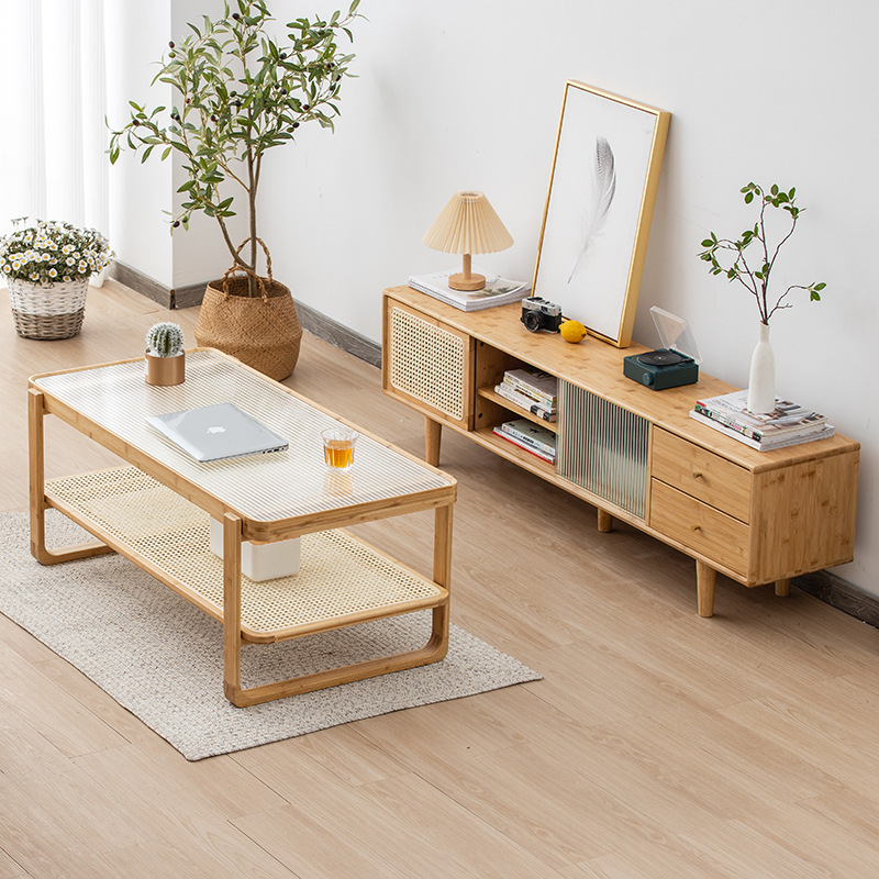 Mesa de café sala de estar nórdico simple pequeño apartamento mesa de té de vidrio templado cama y desayuno mesa de té de doble capa de ratán japonés nuevo