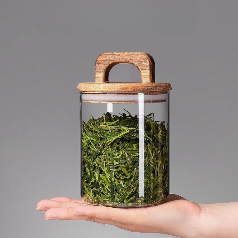 Tanque de almacenamiento de vidrio portátil de madera sólida, tanque de almacenamiento de muestras secundarias, cubierta de bambú transparente y visible, tanque de sellado de granos de cocina