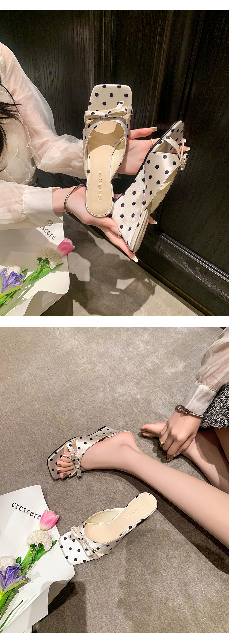 Sandal cao gót nữ hở mũi mũi vuông phong cách Pháp, quai ngang nơ bướm, đế xuồng chấm bi — màu đen, màu trắng chi tiết 7