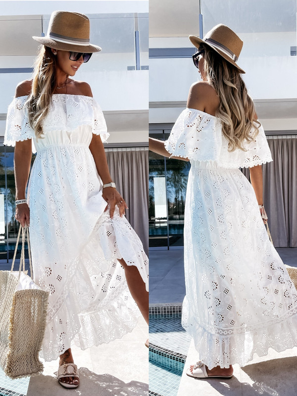 European and American Bohemian Lace Long Dress White Beach Dress New Strapless Off-shoulder Sexy Dress for Women