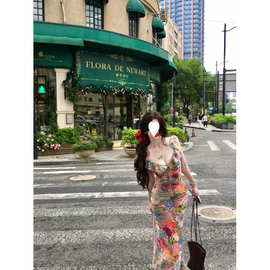 Flower6.22晚8油画感美人～小飞袖法式碎花深V领连衣裙女小众