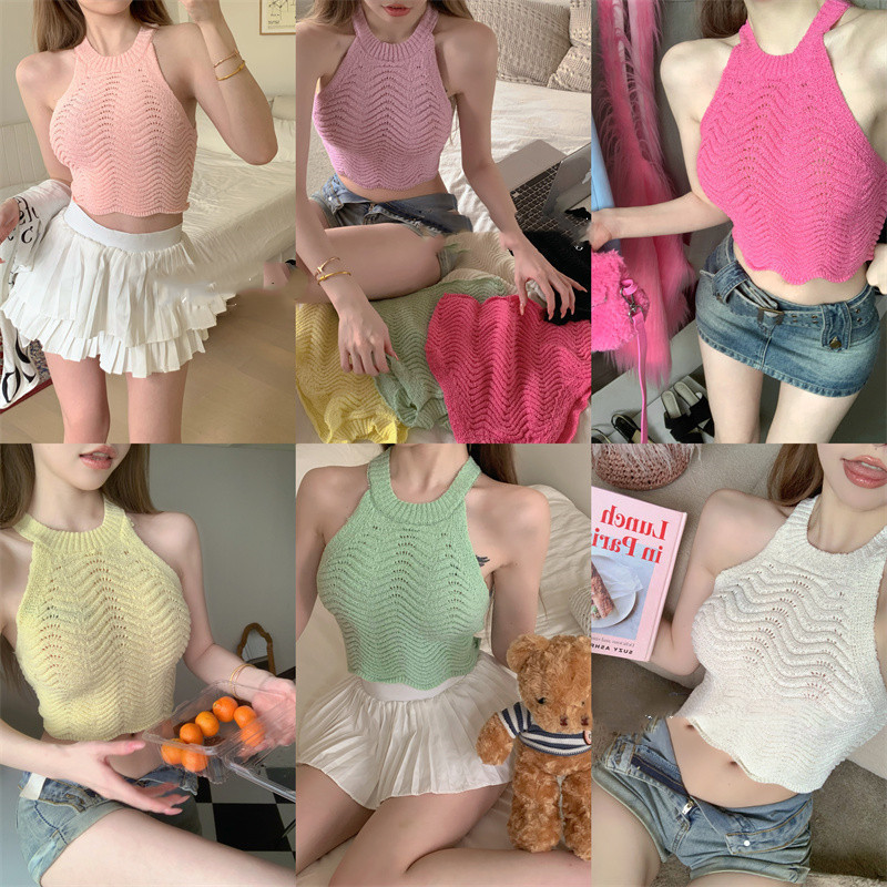 Sweet Spice I-shaped Knitted Camisole Women's Summer Sleeveless Inner Shoulder Base Shirt Short Top for Outer Wear