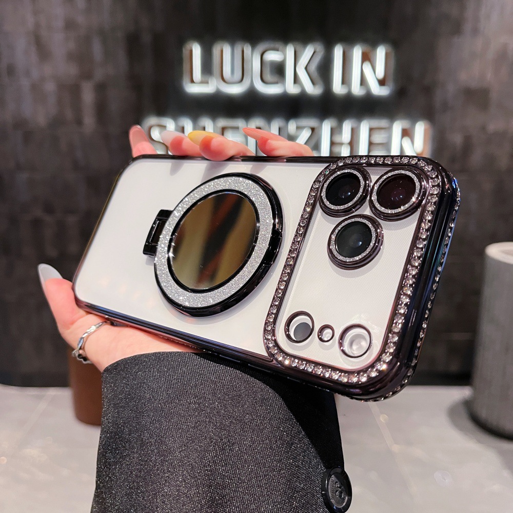Square Diamond + Glitter Ring Mirror Stand Suitable 17 Pro Max Phone Case, New Model For IPhone 16/15/14_voghion.com