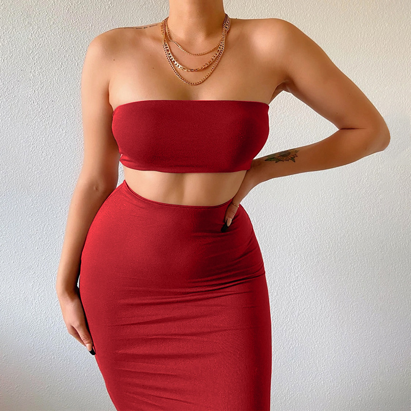 2025 New Summer Women's Fashion Cross-Border Tube Top Slim Fit Bodycon Skirt Set Wholesale From Manufacturer_ecoleips.com