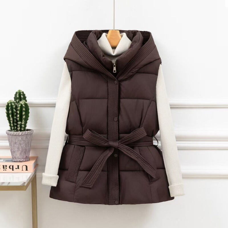 Down Cotton Vest Women's 2025 Winter New Fashion Cotton Coat Short Lace-up Waist Slimming Hooded Cotton Coat Coat
