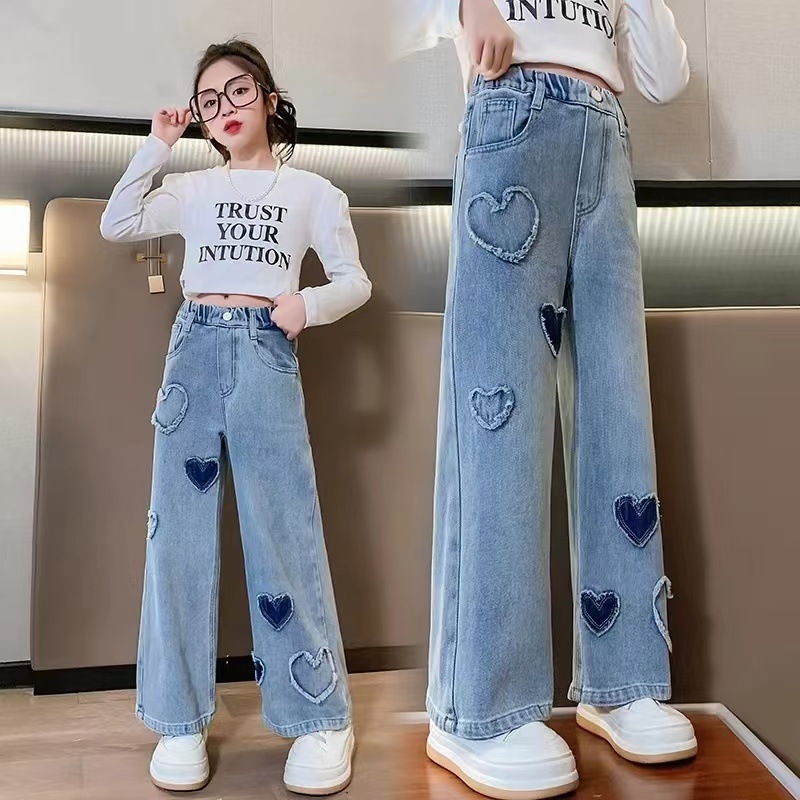 Girls' Denim Wide-Leg Pants Korean Style Spring Outfit for Older Children, Loose Straight Pants Children's Casual Long Pants for Outdoor Wear