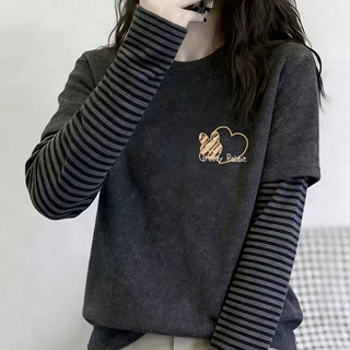 春季上衣女早春假两件叠穿拼接长袖T恤女装撞色条纹外穿圆领上衣