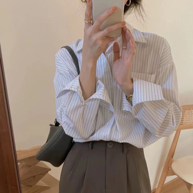 High-End Cotton Vertical Striped Shirt for Women, Autumn Base Layer, Niche Design, Unique and Sophisticated Style, Versatile French Layered Top