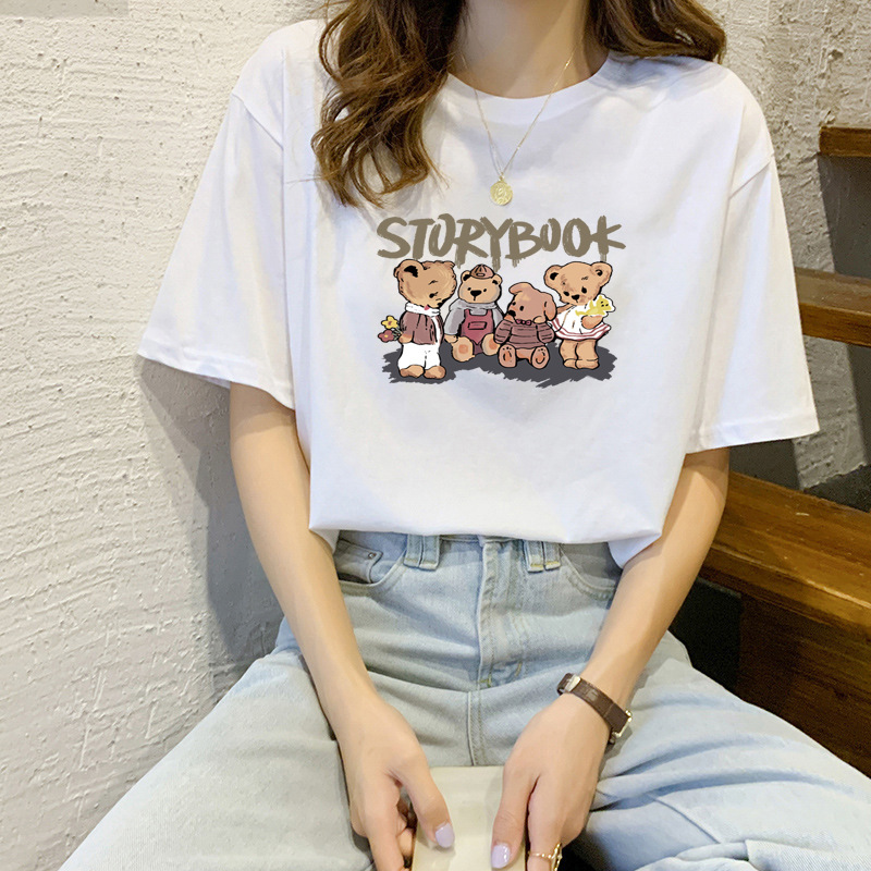 夏の新スタイルの純粋な綿のラウンドネックルーズ半袖 Tシャツ女性の花プリントイン香港トレンディな白い女性のトップスボトリングシャツ