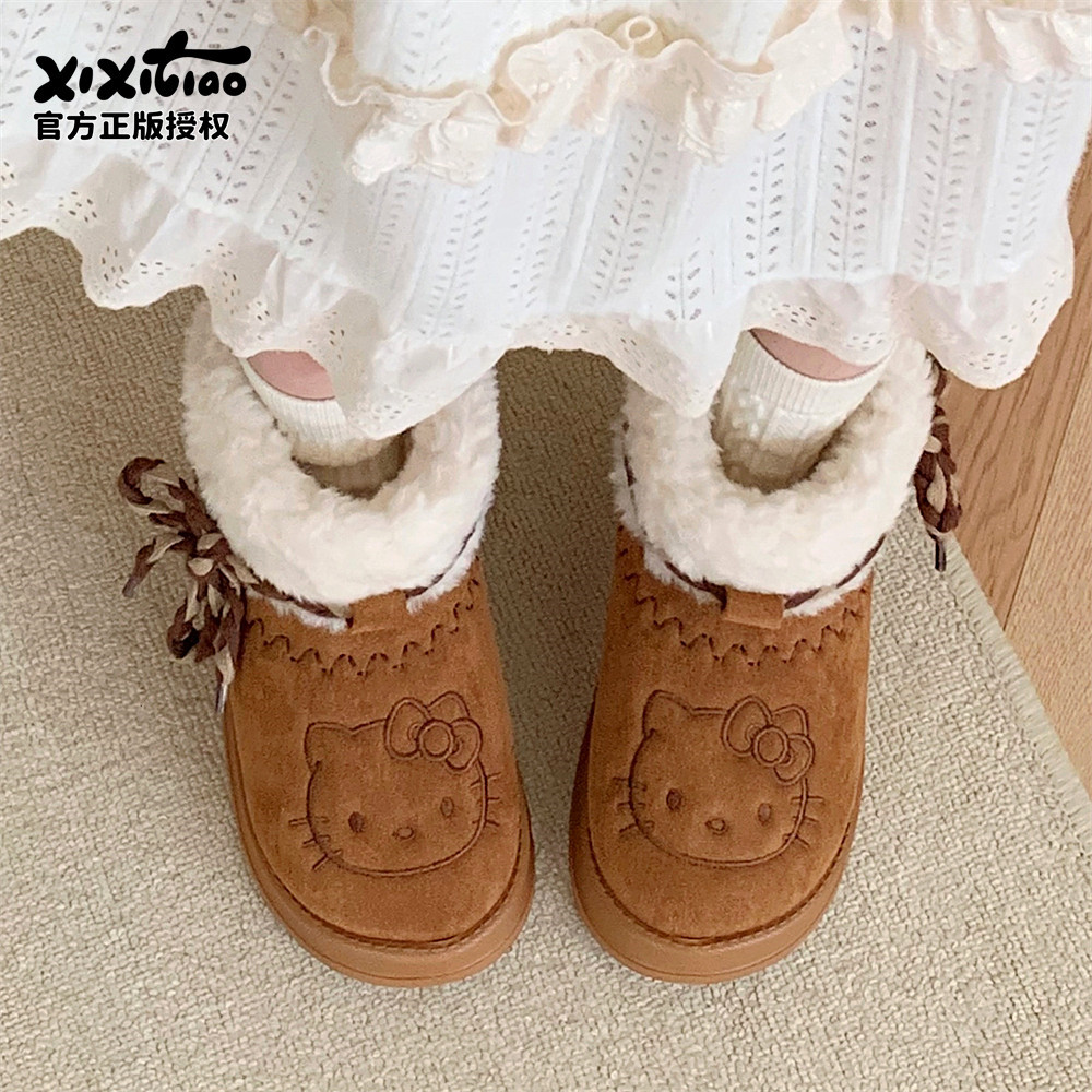 正版HelloKitty雪地靴冬季女士休闲复古时尚KT猫加绒厚底保暖棉鞋