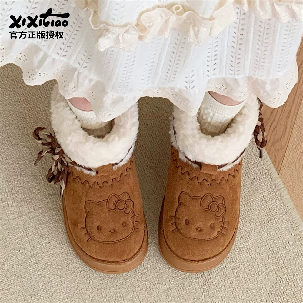 Подлинный HelloKitty снегоступы зимние дамы повседневные ретро мода KT cat плюшевая толстая подошва теплая хлопчатобумажная обувь