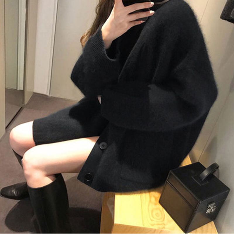 仿水貂绒奶的毛衣外套女装秋冬新款慵懒领针织开衫上衣|undefined