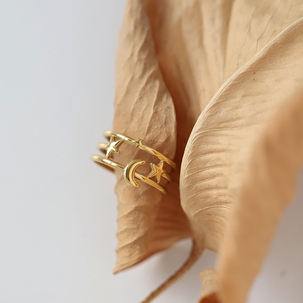 Adjustable Ring Size Real Gold Plated Star Moon 304 Stainless Steel IG Style Waterproof Non Tarnish Open Rings