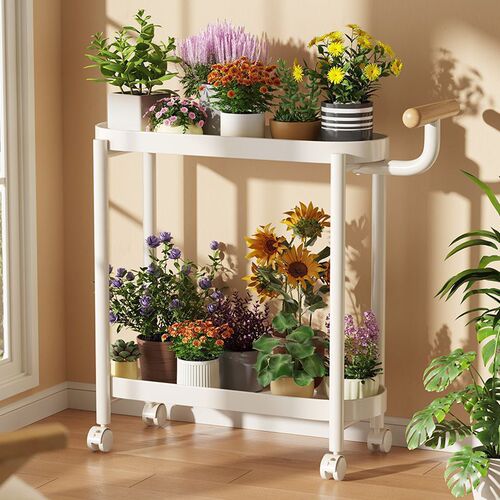 Living room accent small side table, floor-standing, movable with wheels, suitable for small apartments, iron and cream style, small push cart, storage and display rack