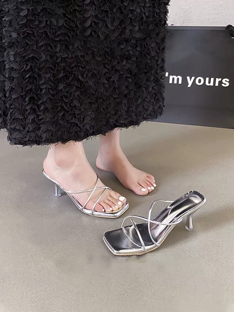 Slide, universal silver sandals high heels, french style, thin strap