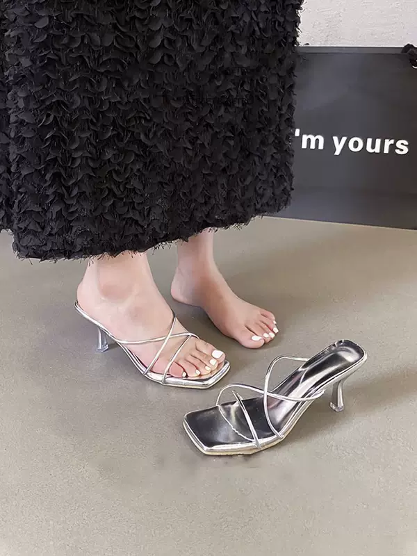 Slide, universal silver sandals high heels, french style, thin strap