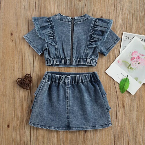 Cross-border European and American children's skirt suit  spring and summer new denim short-sleeved ruffle top and skirt two-piece trendy set