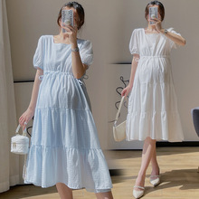孕妇装夏装新款泡泡袖连衣裙高级设计感气质抽绳收放自如宽松裙子