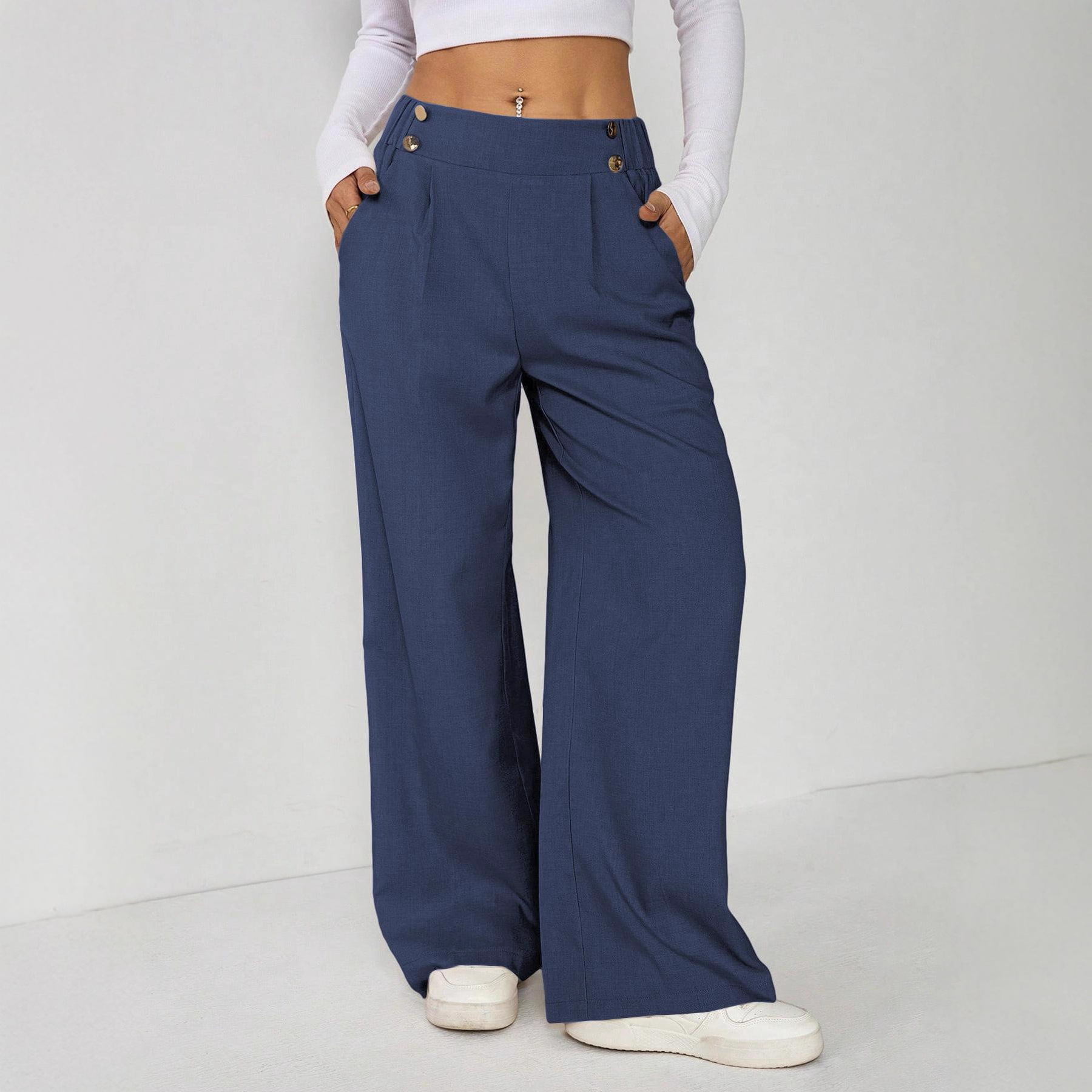 Women's Wide Leg Straight Leg Trousers Casual Fashion European American Style Button Decoration Commuting Pants_ecoleips.com