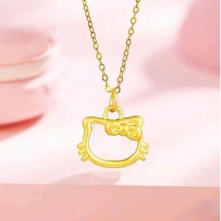Pure Gold 999Kt Cat Paint Bow Cut Out Hello Kitty Gold Necklace Pendant Women's Clavicle Chain Pendant