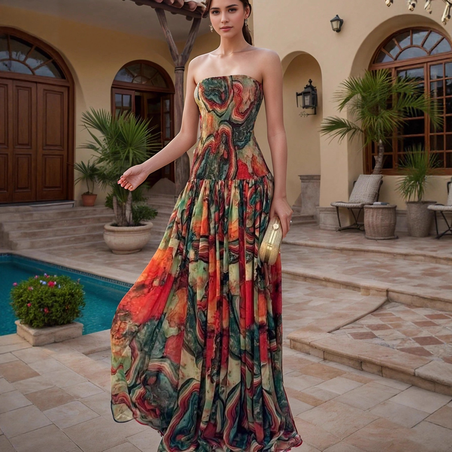 Amazon Cross-Border European and American Foreign Trade New Printed Dress with Chest Wrap, Slim Fit and Large Hem Dress