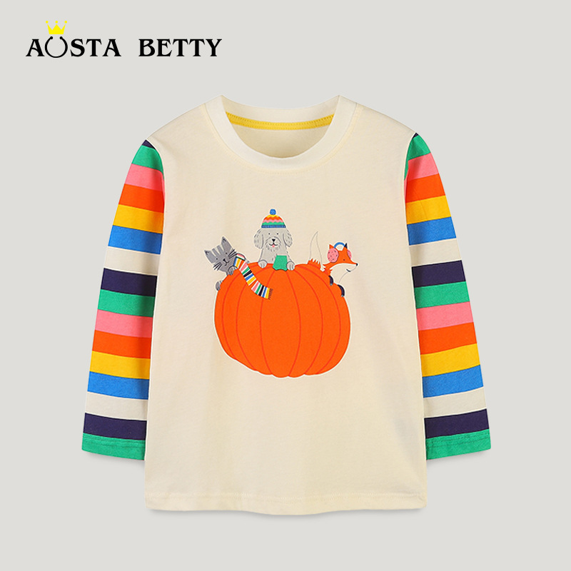 Otoño nueva camiseta de manga larga para niños de estilo europeo y americano, blusa estampada de calabaza de Halloween para niños