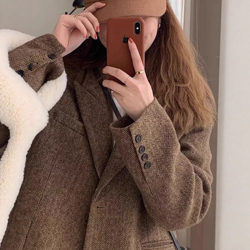 Coffee color small suit coat for women's autumn and winter new small casual Korean retro herringbone top