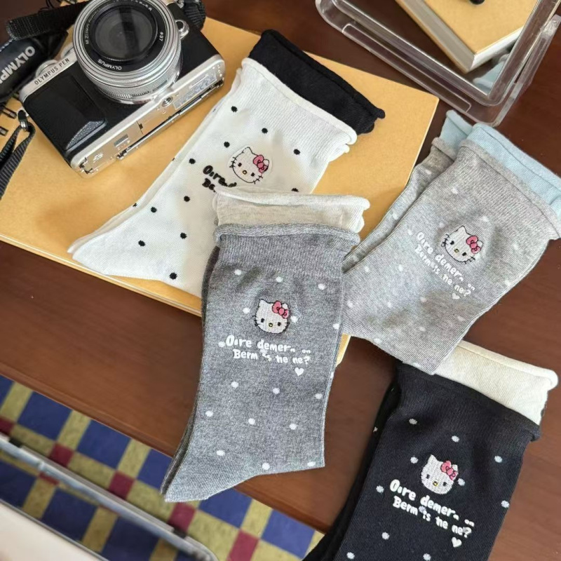 波点袜子女春夏薄款可爱Kitty撞色双罗口时尚中筒袜韩版卡通潮袜|undefined
