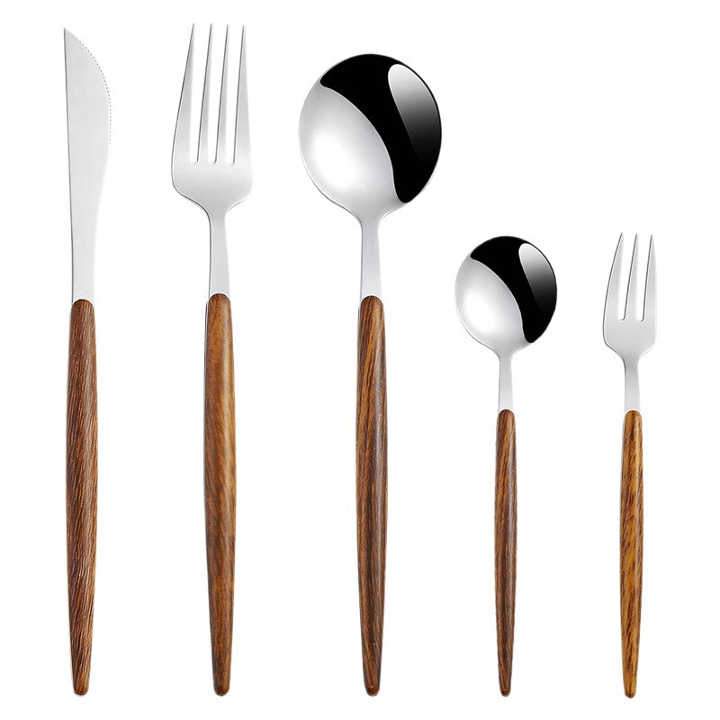 INS estilo japonés y coreano rojo neto imitación mango de madera vajilla portuguesa de acero inoxidable 4/5 piezas conjunto pequeño cuchillo de cintura, tenedor y cuchara traje