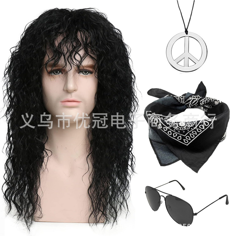 European and American 70's disco dance party decoration men dress up punk vintage wig black sunglasses headscarf suit