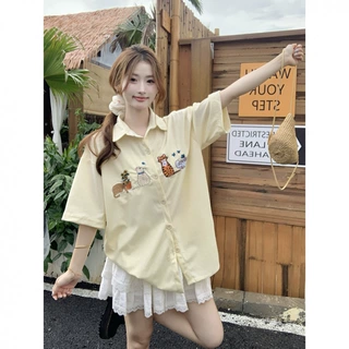 美式复古趣味猫咪刺绣衬衫女夏季新款百搭情侣休闲五分袖上衣