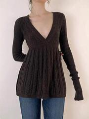 款Trendy Women's Plain Deep V Neck Cable Knit Sweater