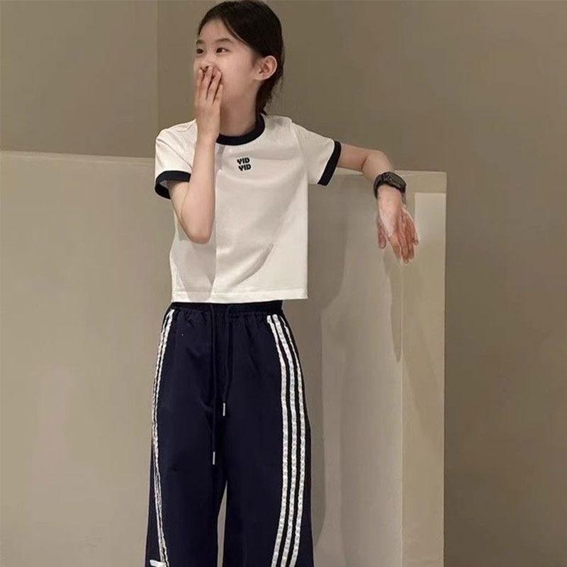 女童洋气工装裤中大童字母印花短袖t恤上衣潮流两件套