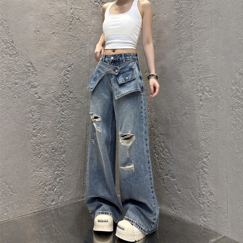 大码美式阔腿牛仔裤女夏季薄款2025新款胖mm显瘦复古破洞直筒裤子|undefined