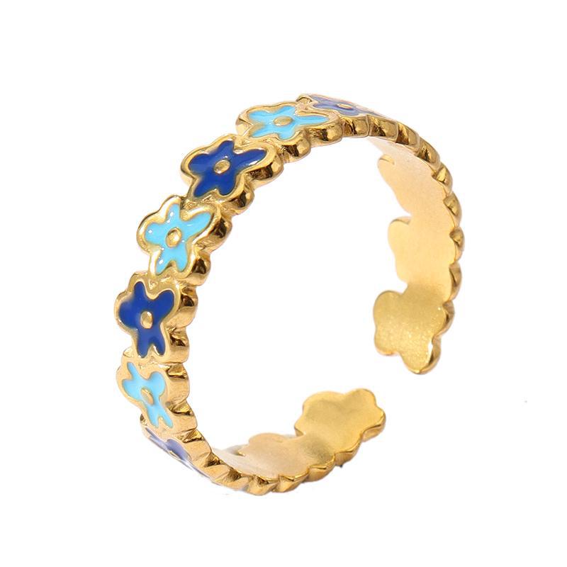 12g Weight Open Rings Classification Adjustable Ring Size 1 Piece Quantity Holiday, Daily Occasion 304 Stainless Steel Material Stripe, Flower Pattern Unisex Gender Enamel Design Retro, Sweet Style Wholesale Jewelry Retro Sweet Stripe Flower 304 Stainless Steel Enamel Open Rings 4