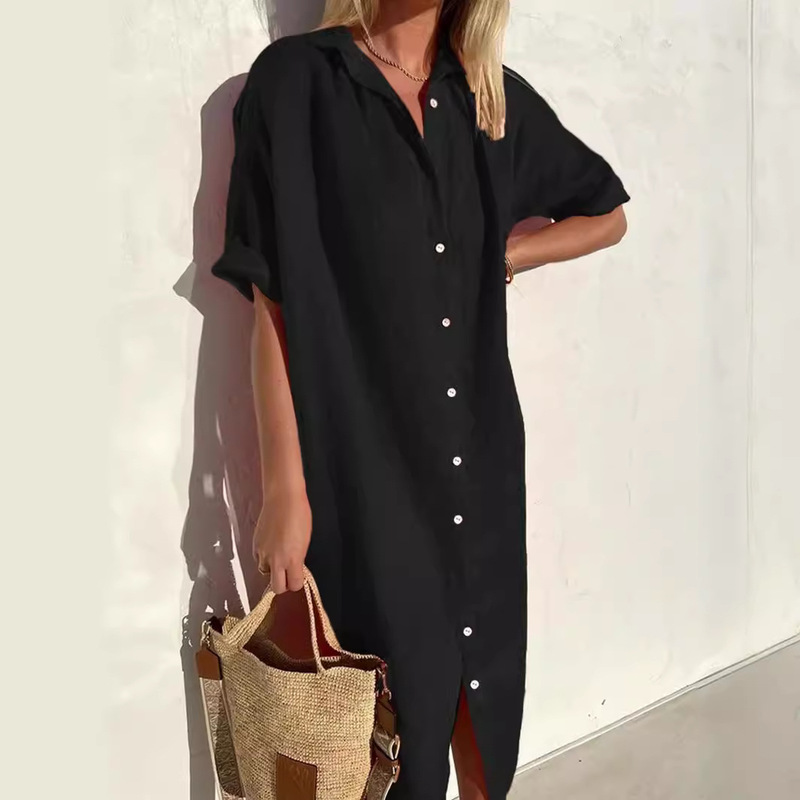 AliExpress Independent Station Women's Elegant Casual Loose Short-sleeved Button Dress Cotton Linen Long Pocket Shirt Dress AliExpress Independent Station Women's Elegant Casual Loose Short-sleeved Button Dress Cotton Linen Long Pocket Shirt Dress