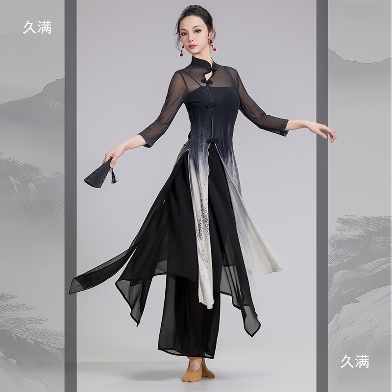 クラシックダンストップ女性のパフォーマンス服エレガントな新しい中国風の水墨画ダンスガーゼ袍服|undefined