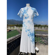 大理手工扎染侧边旗袍裙不规则文艺复古修身民族风连衣裙