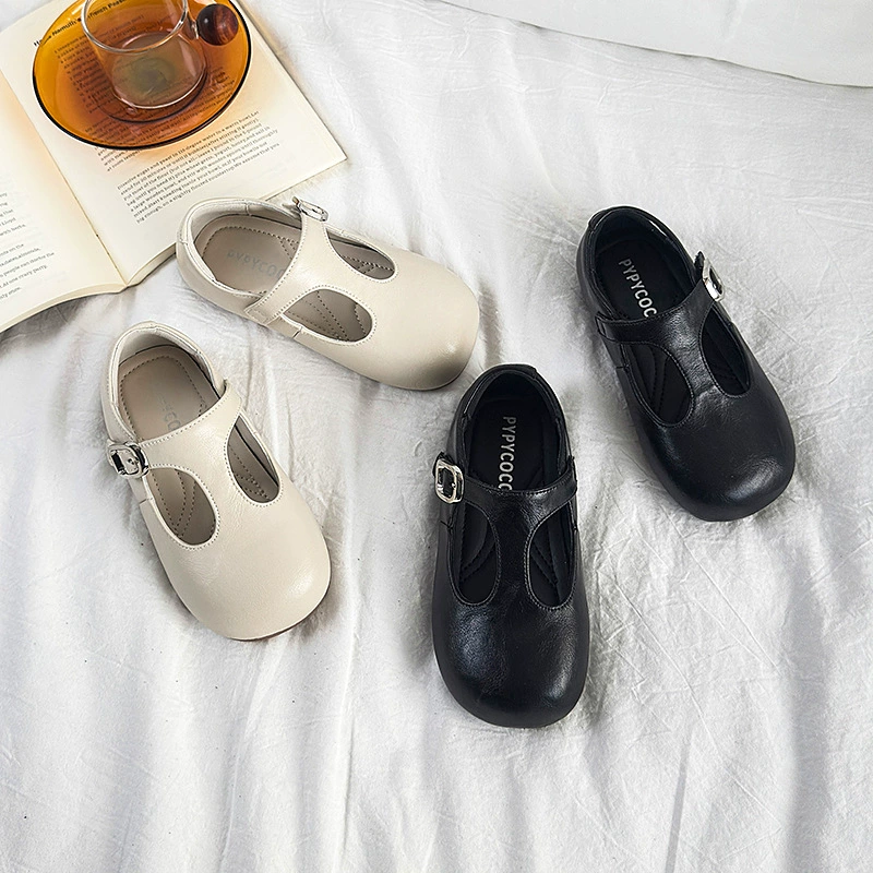Кожаная обувь для девочек 2025 весна новая детская обувь принцессы ретро-Т-обувь мягкая подошва нескользящая детская одиночная обувь дикая