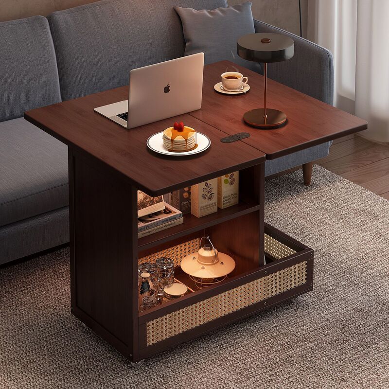 Medieval Style Folding Coffee Table, Sofa Side Table, Living Room Multi-Functional Movable Small Tea Table, Rotating Office Desk