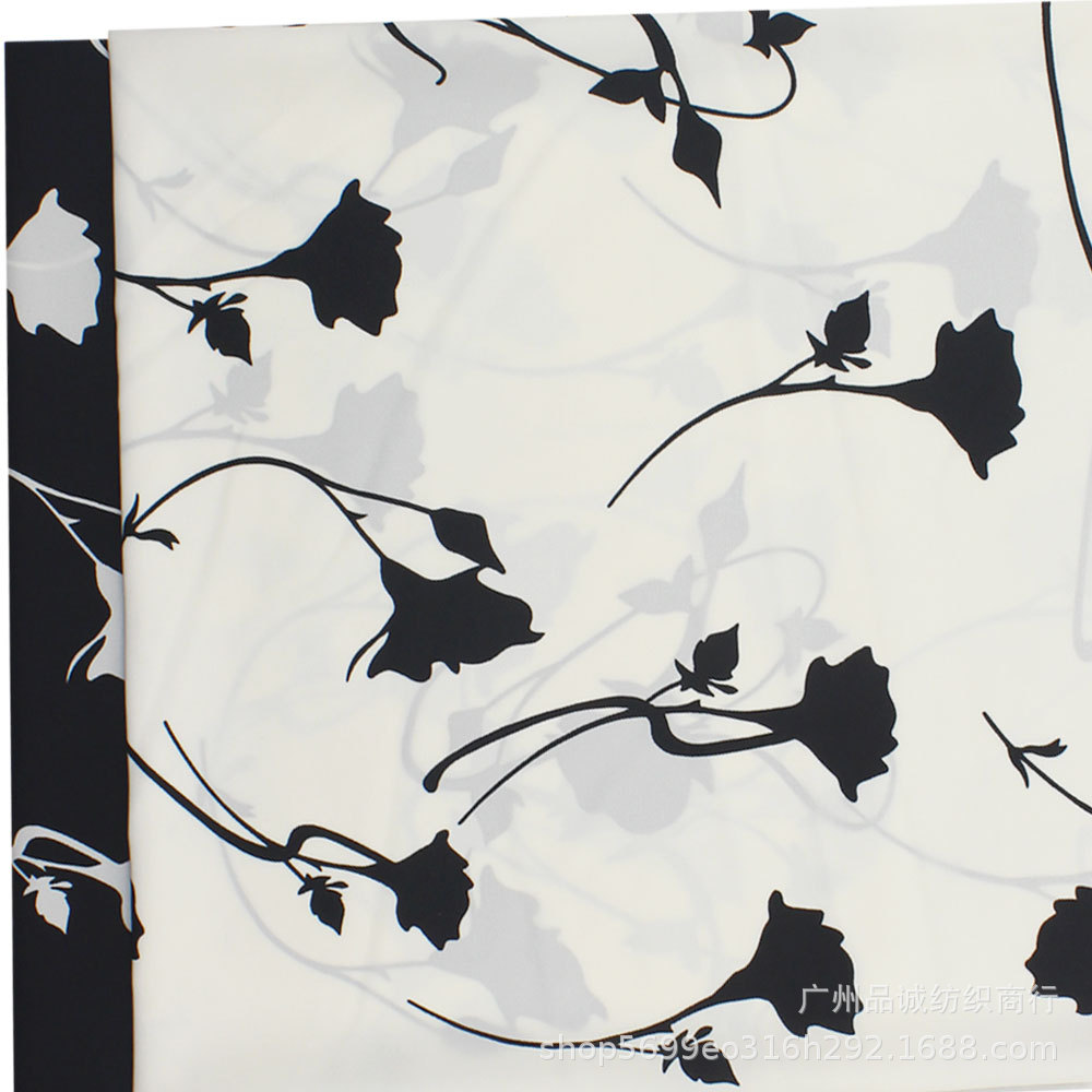 破卡平纹缎印花黑白喇叭花雪纺印花布春夏女衬衫连衣裙半身裙面料