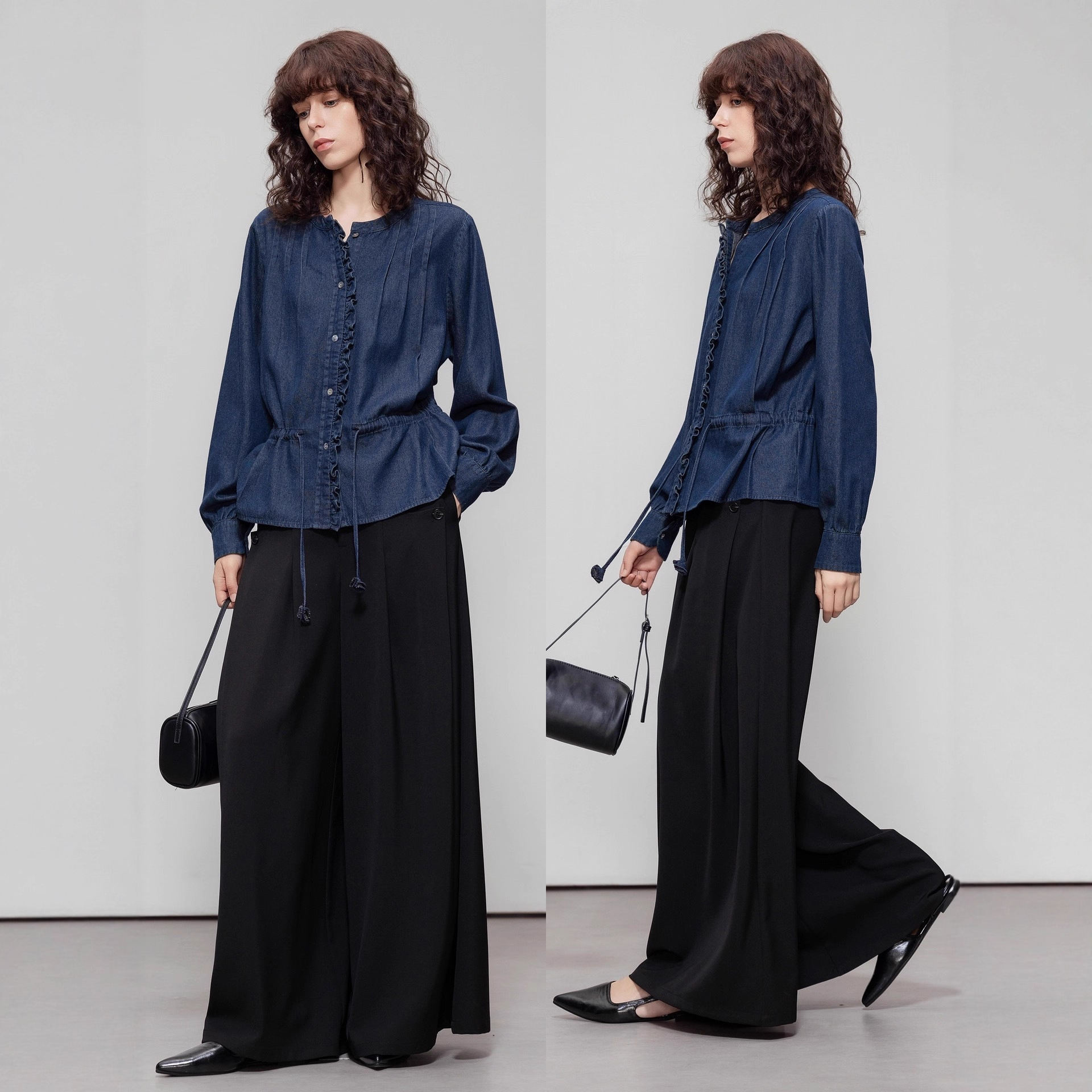 德玛纳文艺复古牛仔衬衫女25秋季新款圆领木耳边装饰抽绳衬衣上衣