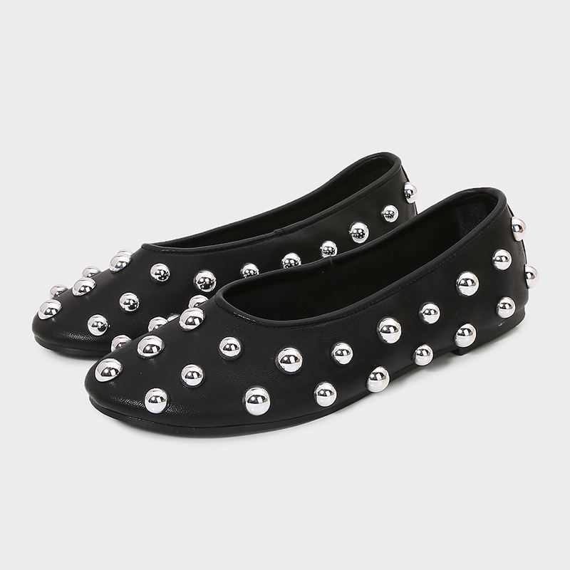ZA2025 Spring New Women's Shoes Black Rivet Leather Ballet Style Flat Casual Shoes Flat Heeled Round-toe Shoes