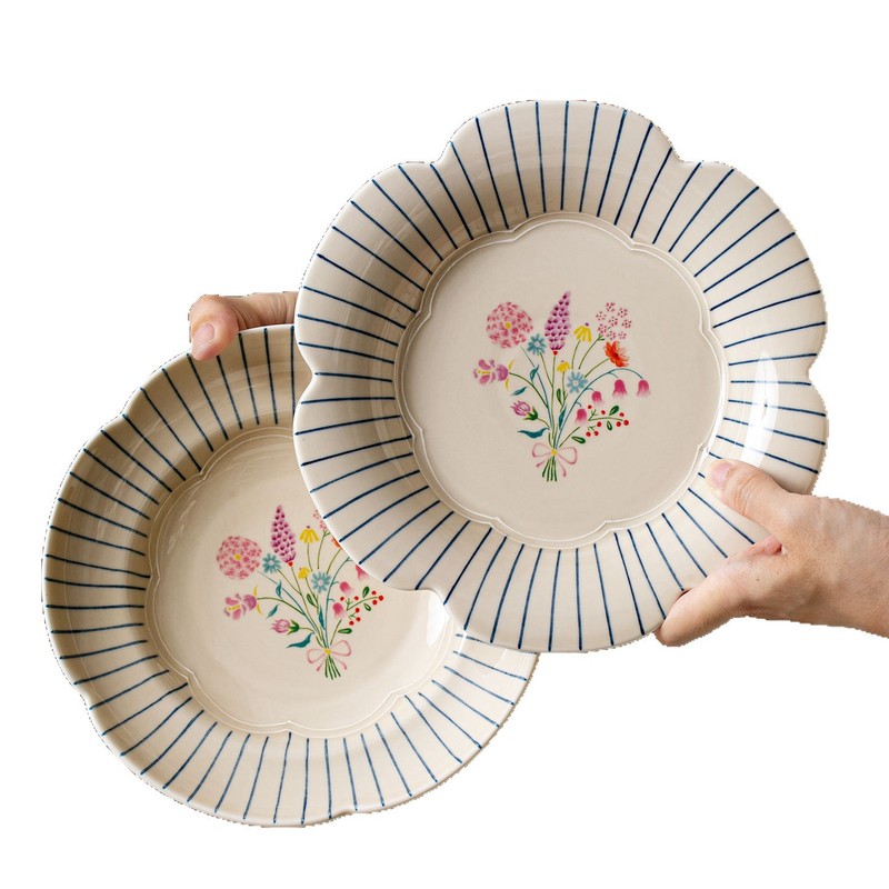 下絵付けレトロ花びらプレートフランス陶器食器家庭用ボウルとプレートセットボウルと食器丼高価値|undefined