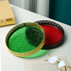 海棠壓花玻璃金屬託盤家用長方形茶盤收納擺件茶水杯子水果點心盤