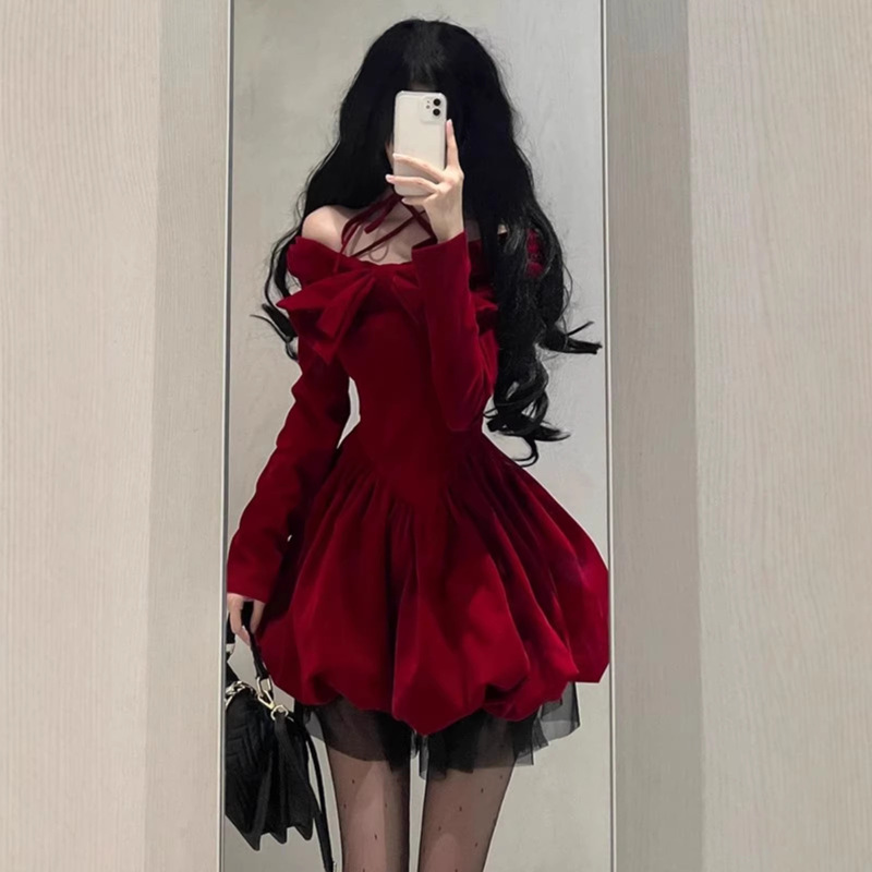 French-Style High-End Red Dress for Women, Autumn Outfit for Petite Figures, Princess Birthday Dress, Puffy Skirt French-Style High-End Red Dress for Women, Autumn Outfit for Petite Figures, Princess Birthday Dress, Puffy Skirt
