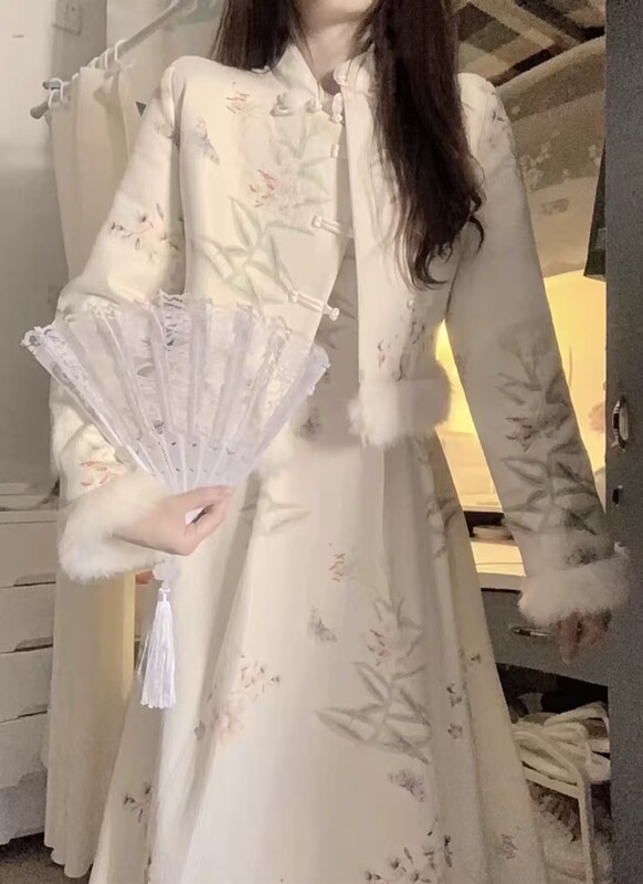 富家千金风感套装裙2024秋冬复古国风连衣裙外套保暖两件装女|undefined